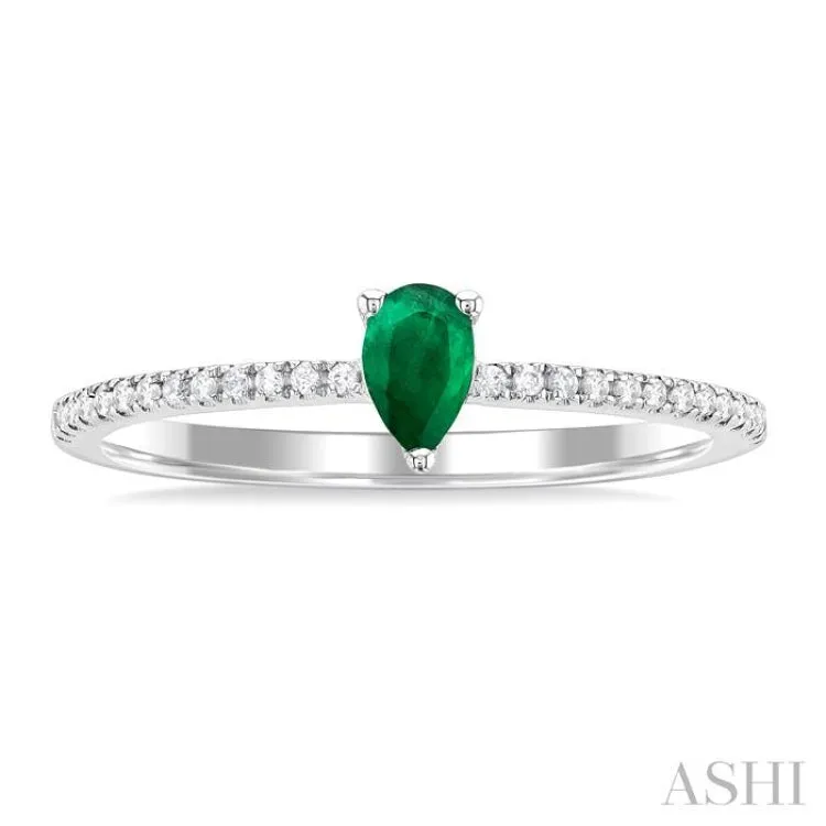 1/10 ctw Petite 5x3 MM Pear Cut Emerald and Round Cut Diamond Precious Fashion Ring in 10K White Gold