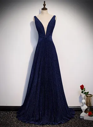 A-line Simple Navy Blue Long Evening Dress, Navy Blue V-neckline Prom Dress