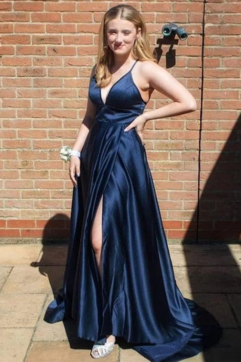 A Line V Neck Navy Blue Satin Long Prom Dress with High Slit, V Neck Navy Blue Formal Dress, Navy Blue Evening Dress