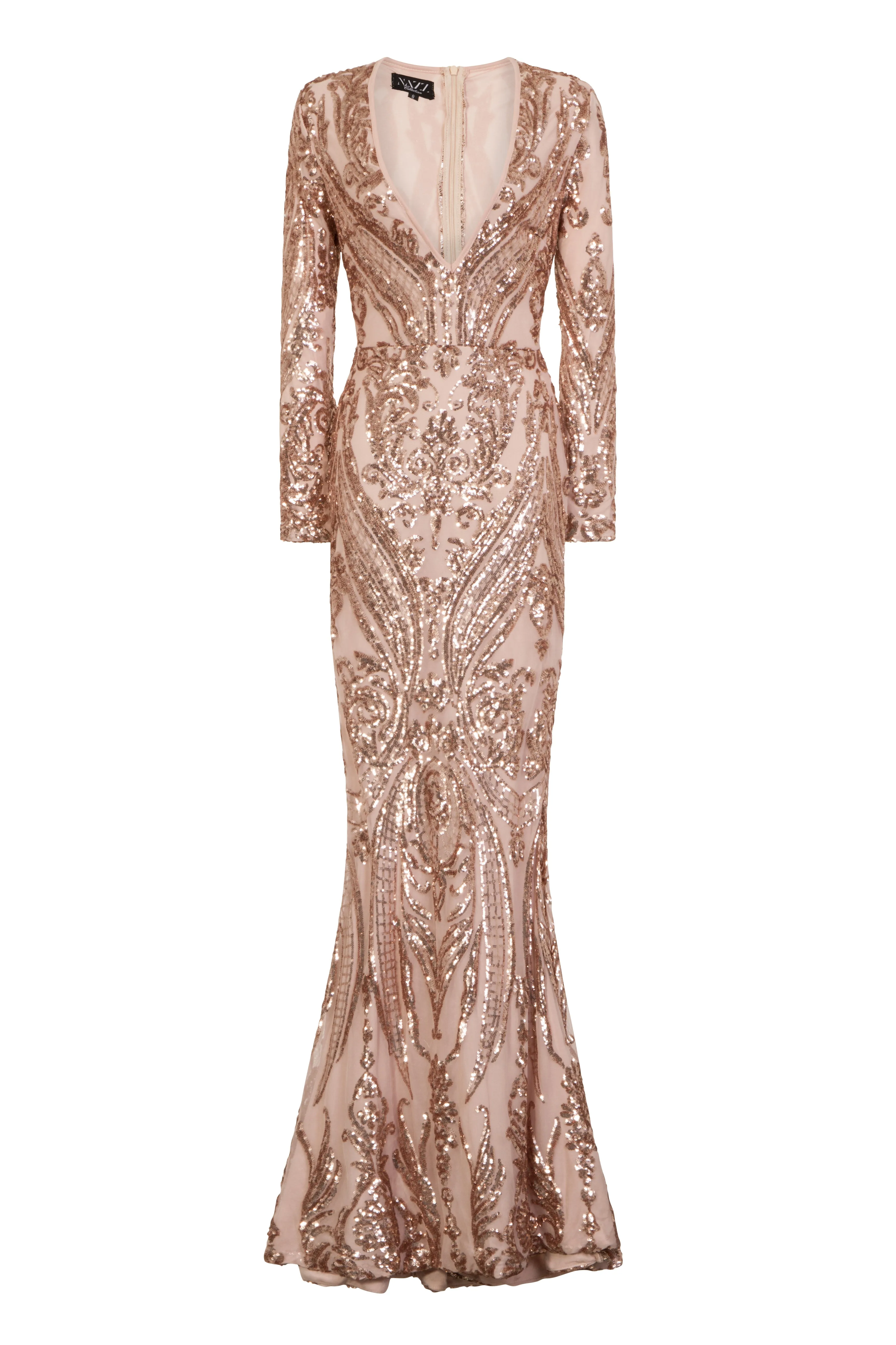 Arabella Rose Gold Luxe Tribal Vip Sequin Plunge Fishtail Dress