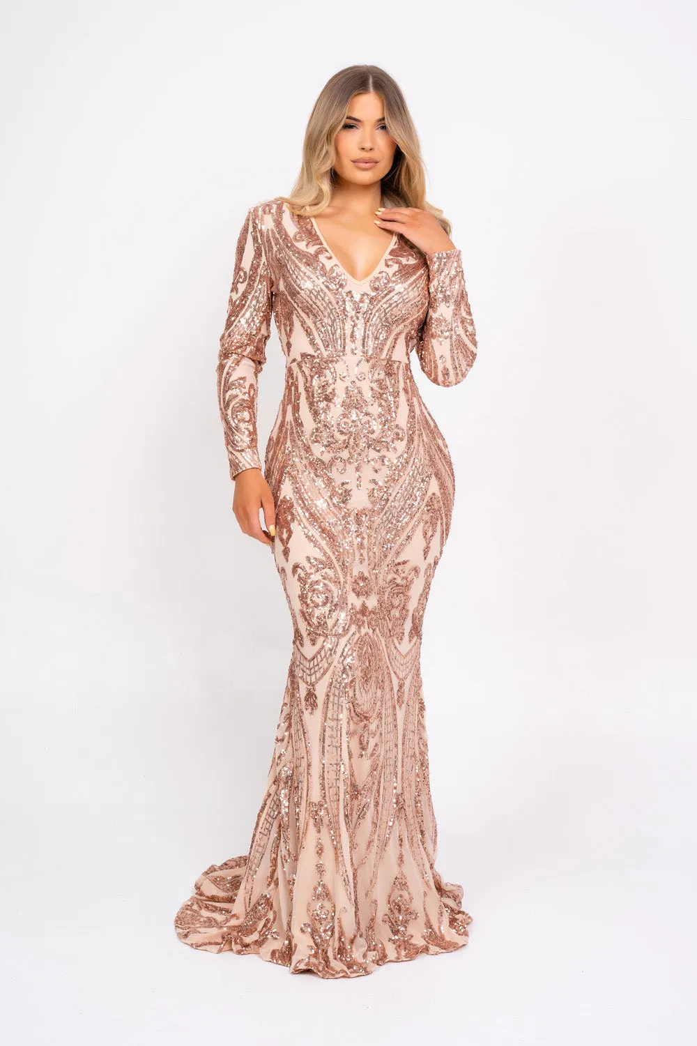 Arabella Rose Gold Luxe Tribal Vip Sequin Plunge Fishtail Dress