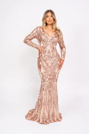 Arabella Rose Gold Luxe Tribal Vip Sequin Plunge Fishtail Dress