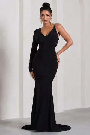 At Dusk | Black One-Sleeved Cowl-Neck Fishtail Maxi Dress