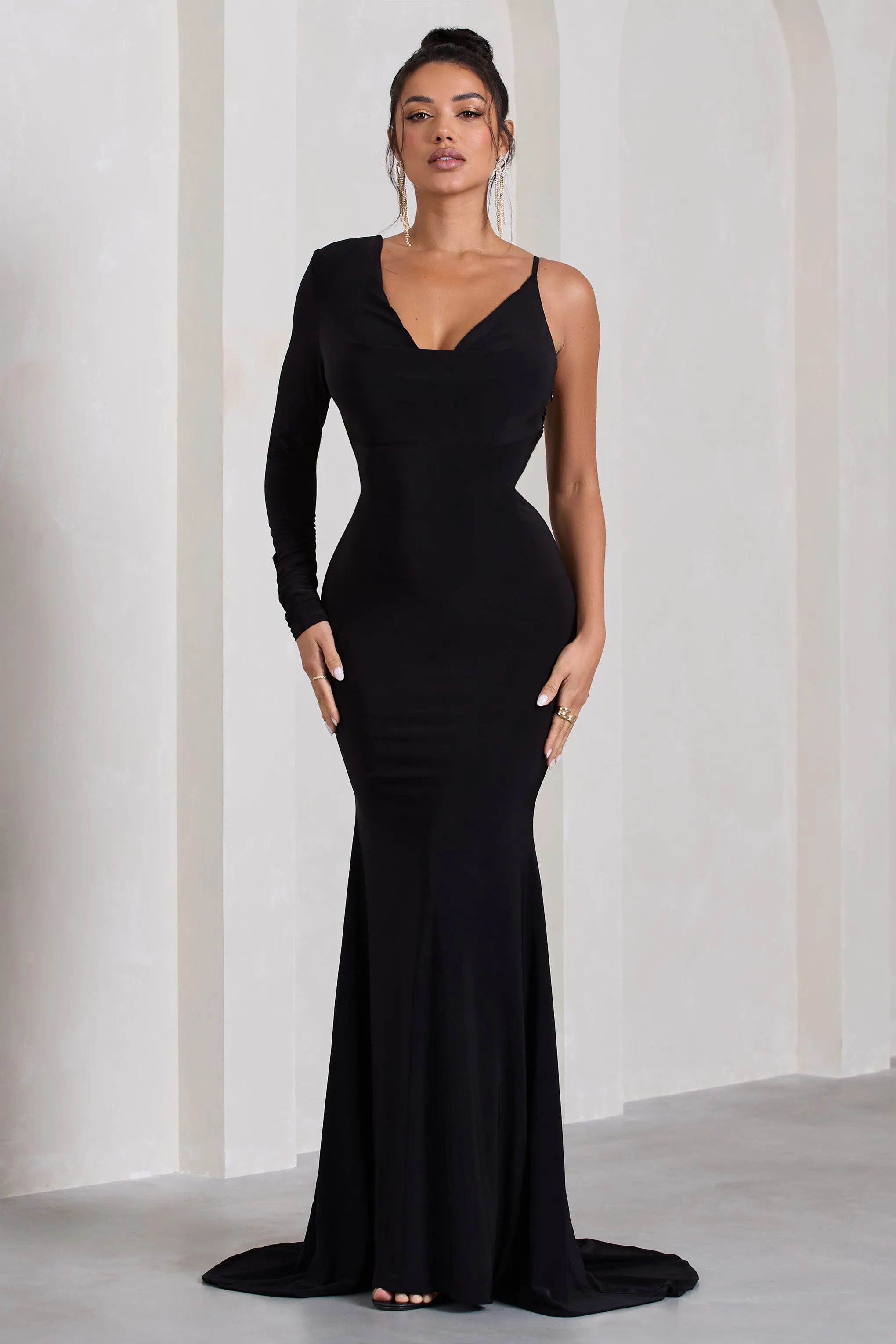 At Dusk | Black One-Sleeved Cowl-Neck Fishtail Maxi Dress