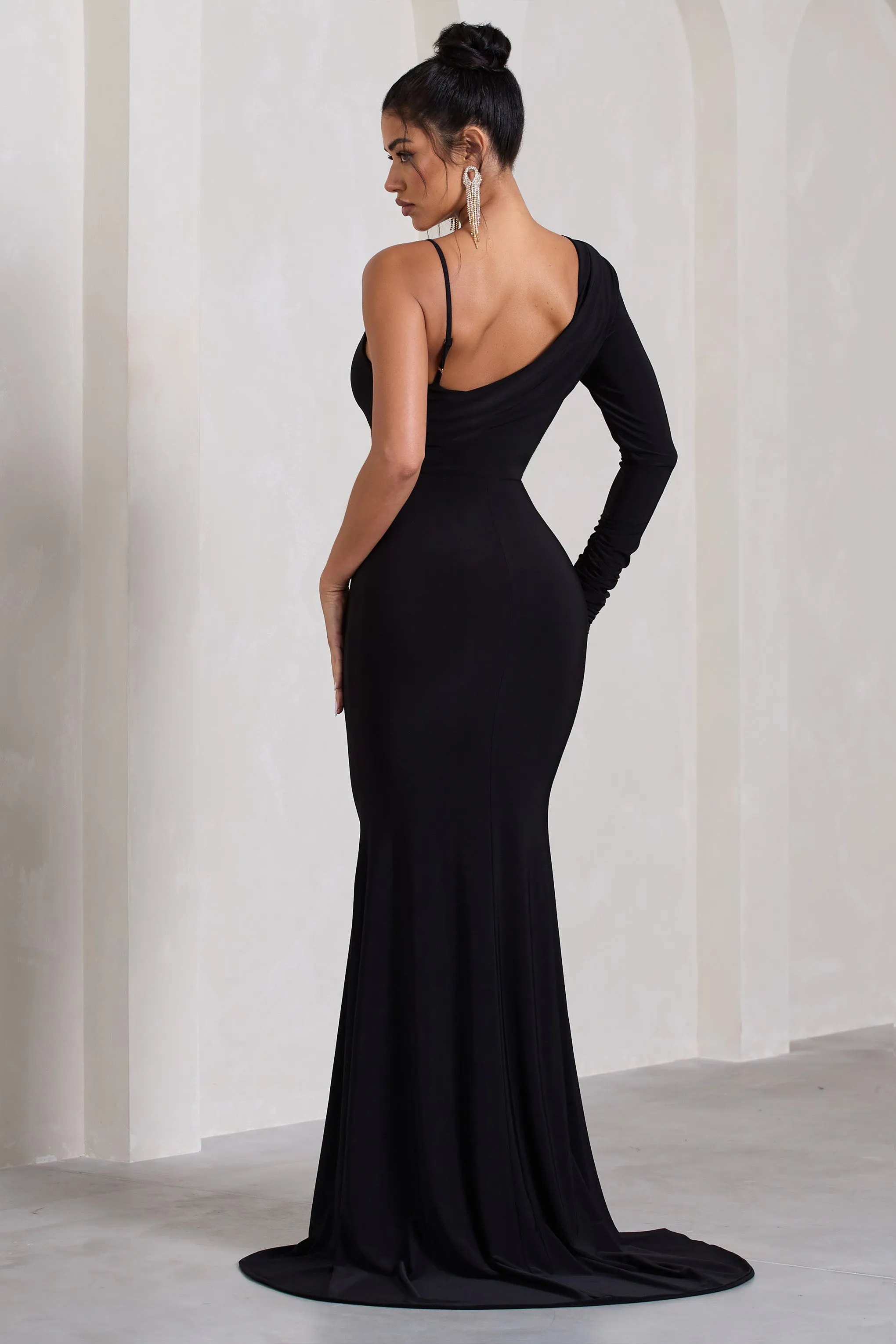 At Dusk | Black One-Sleeved Cowl-Neck Fishtail Maxi Dress