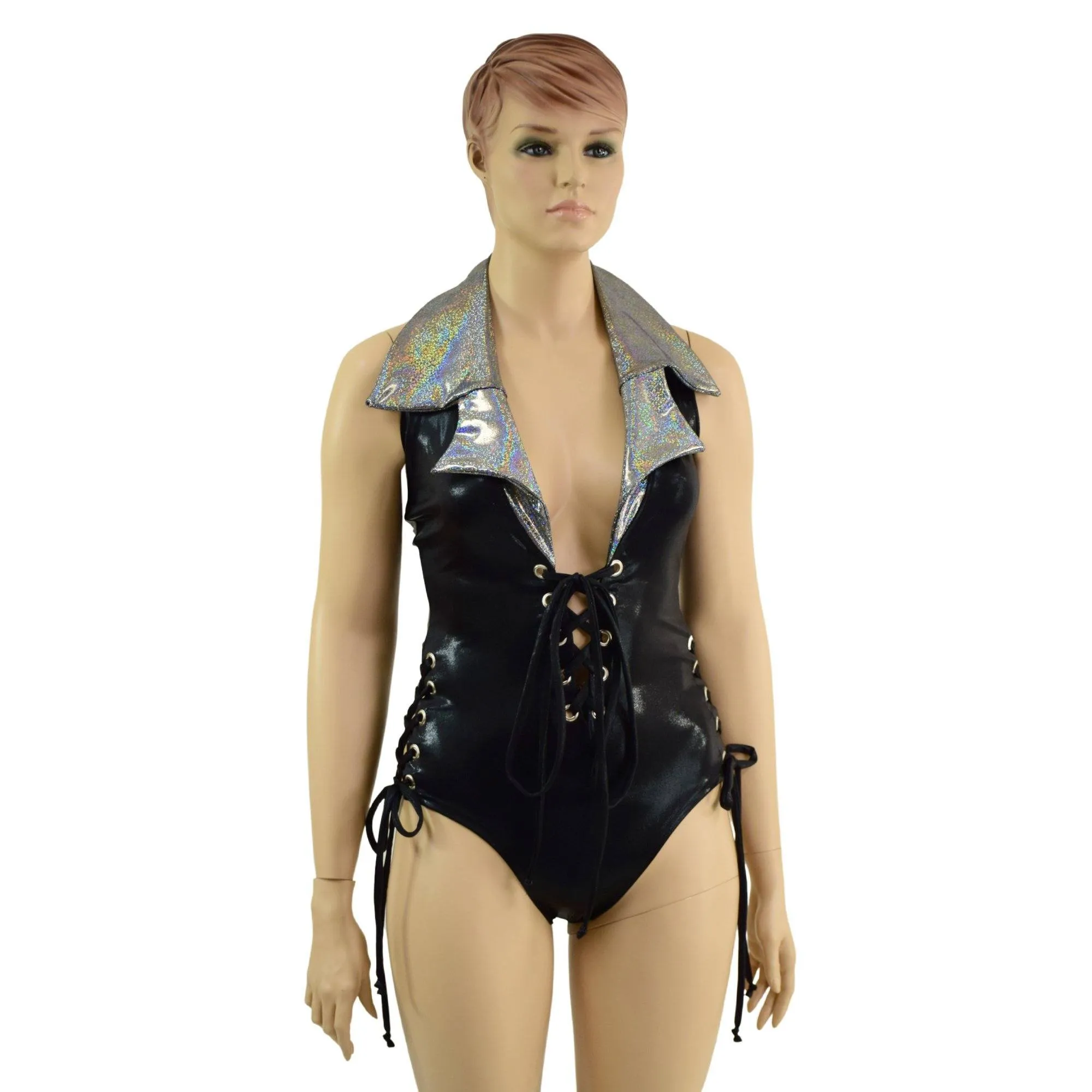 Backless Plunging Romper with Triple Laceup and Showtime Collar