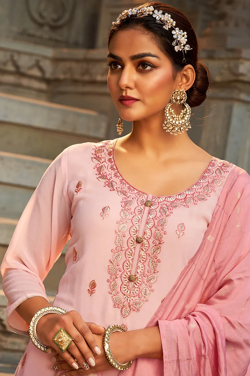 Beautiful Blush Pink Georgette Festive Designer Sharara Suit