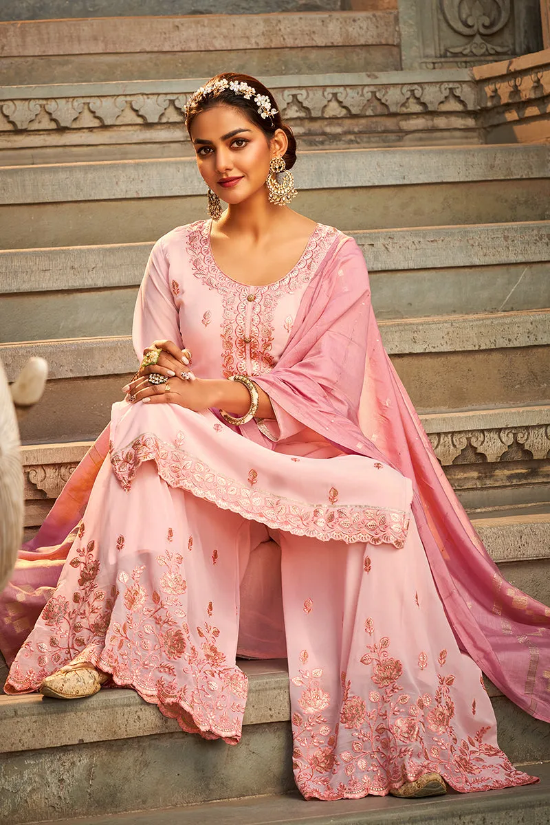 Beautiful Blush Pink Georgette Festive Designer Sharara Suit