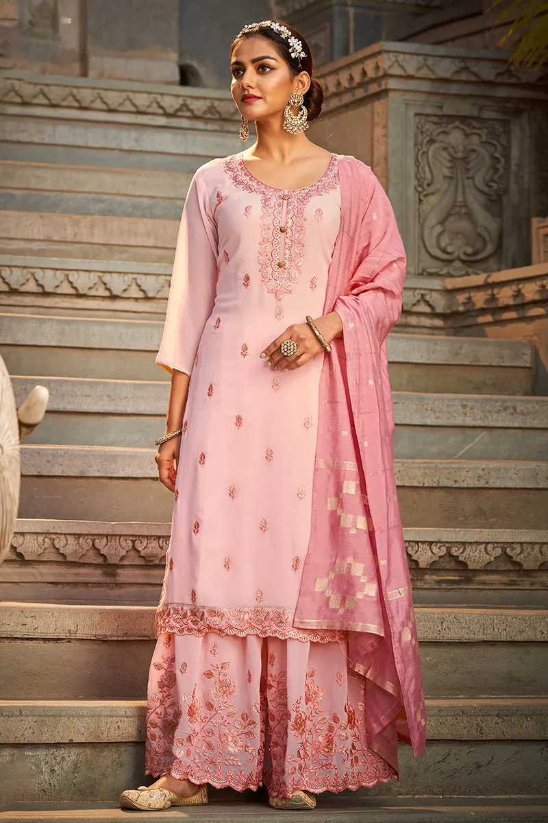 Beautiful Blush Pink Georgette Festive Designer Sharara Suit