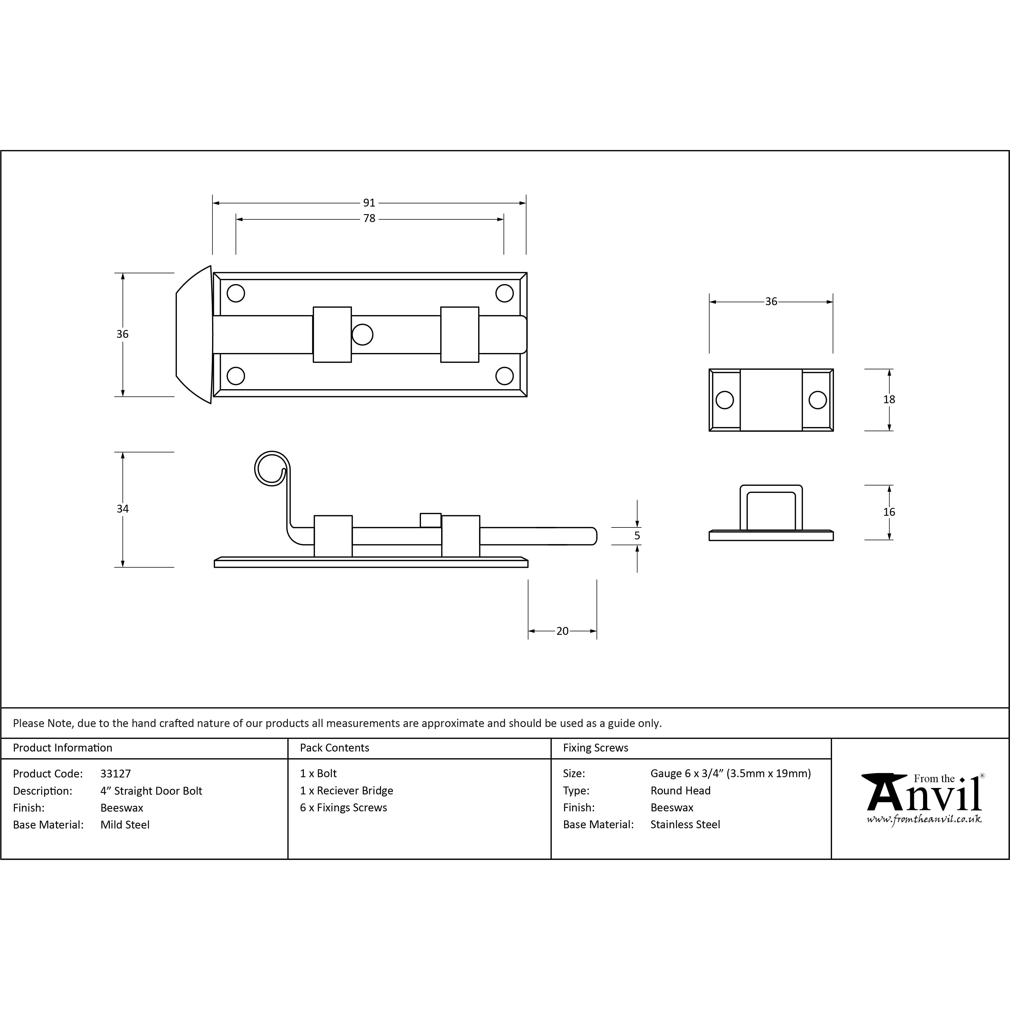 Beeswax 4" Straight Door Bolt | From The Anvil