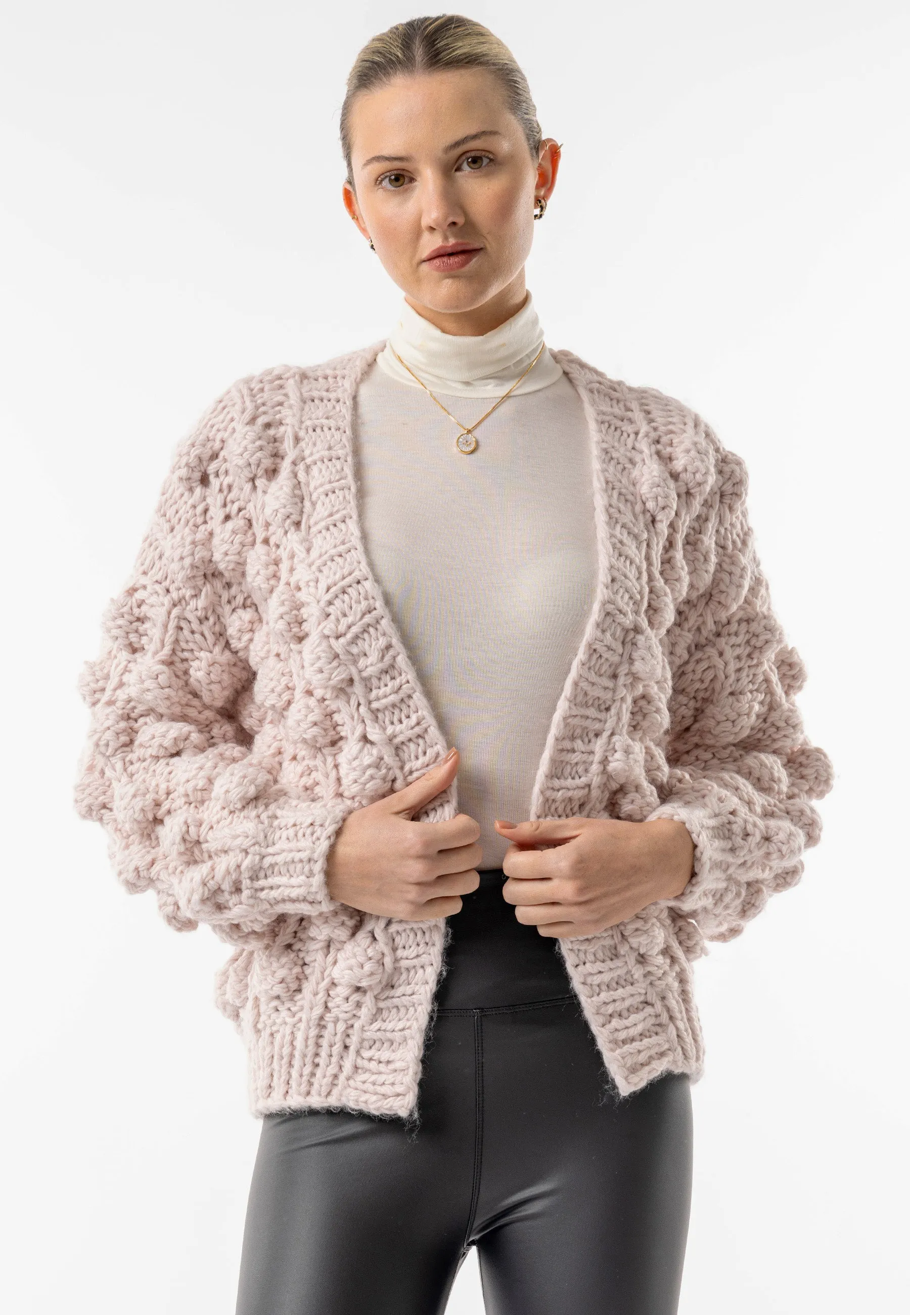 Beige Chunky Knit Cardigan with Pom Poms