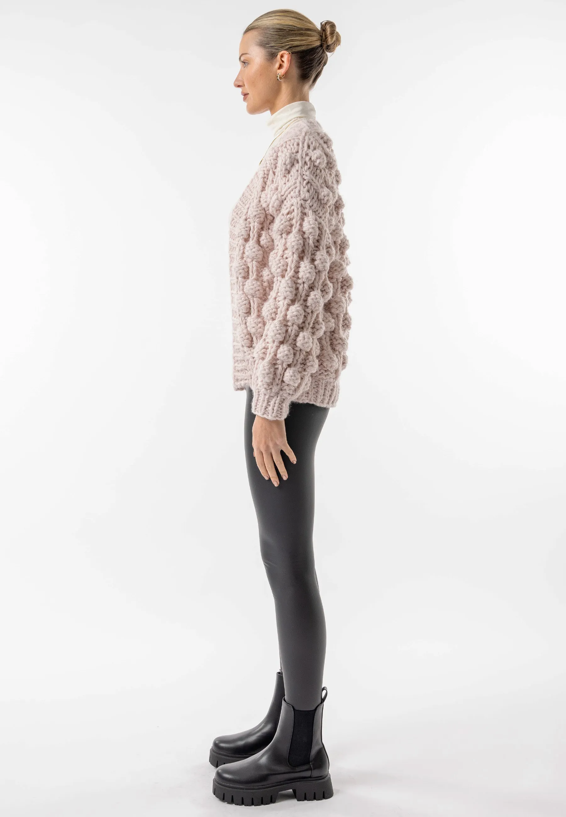 Beige Chunky Knit Cardigan with Pom Poms