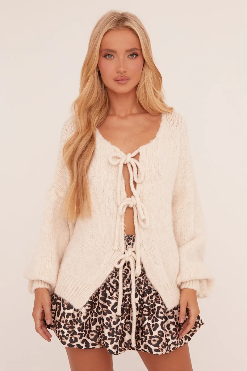 Beige Knit Oversized Tie Front Cardigan - Sorana