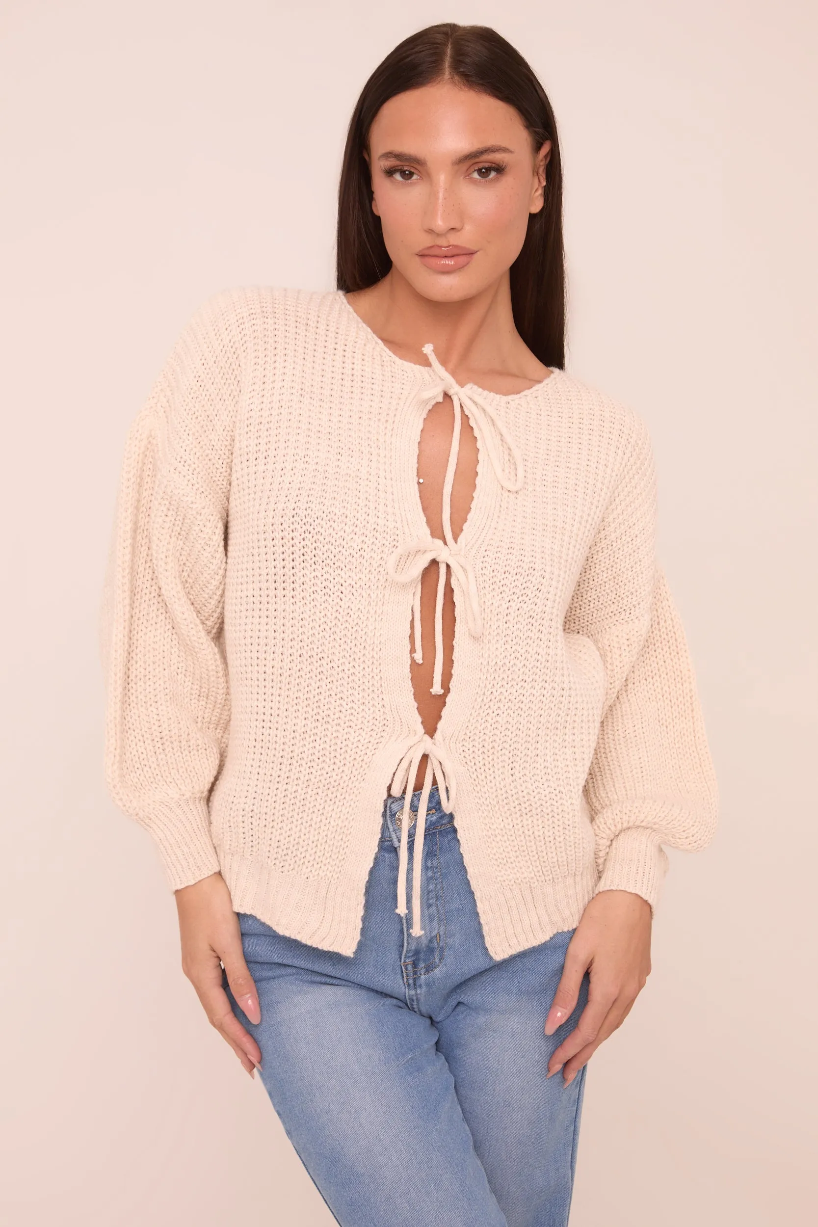 Beige Knit Tie Front Detail Long Sleeves Cardigan - Ava