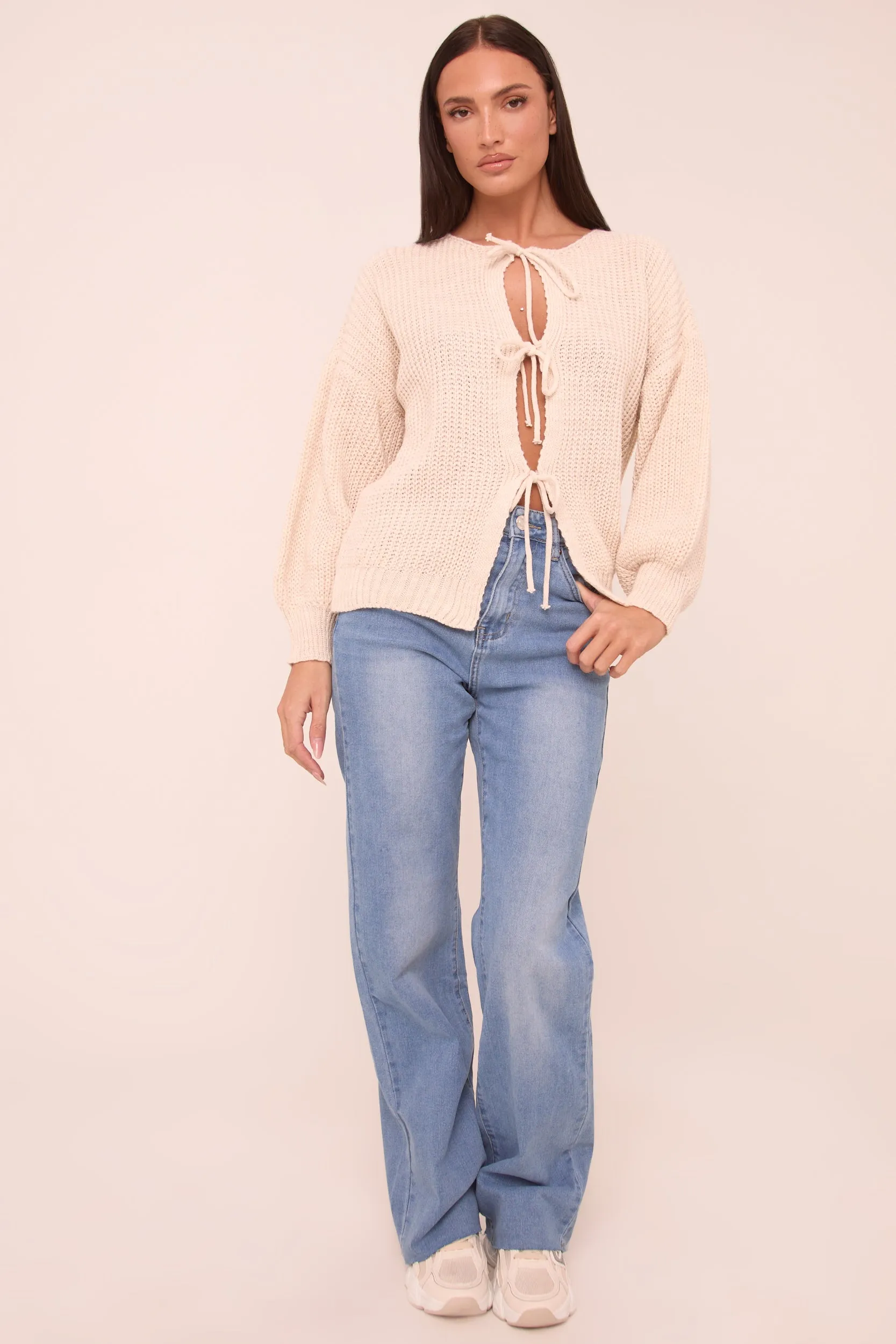 Beige Knit Tie Front Detail Long Sleeves Cardigan - Ava