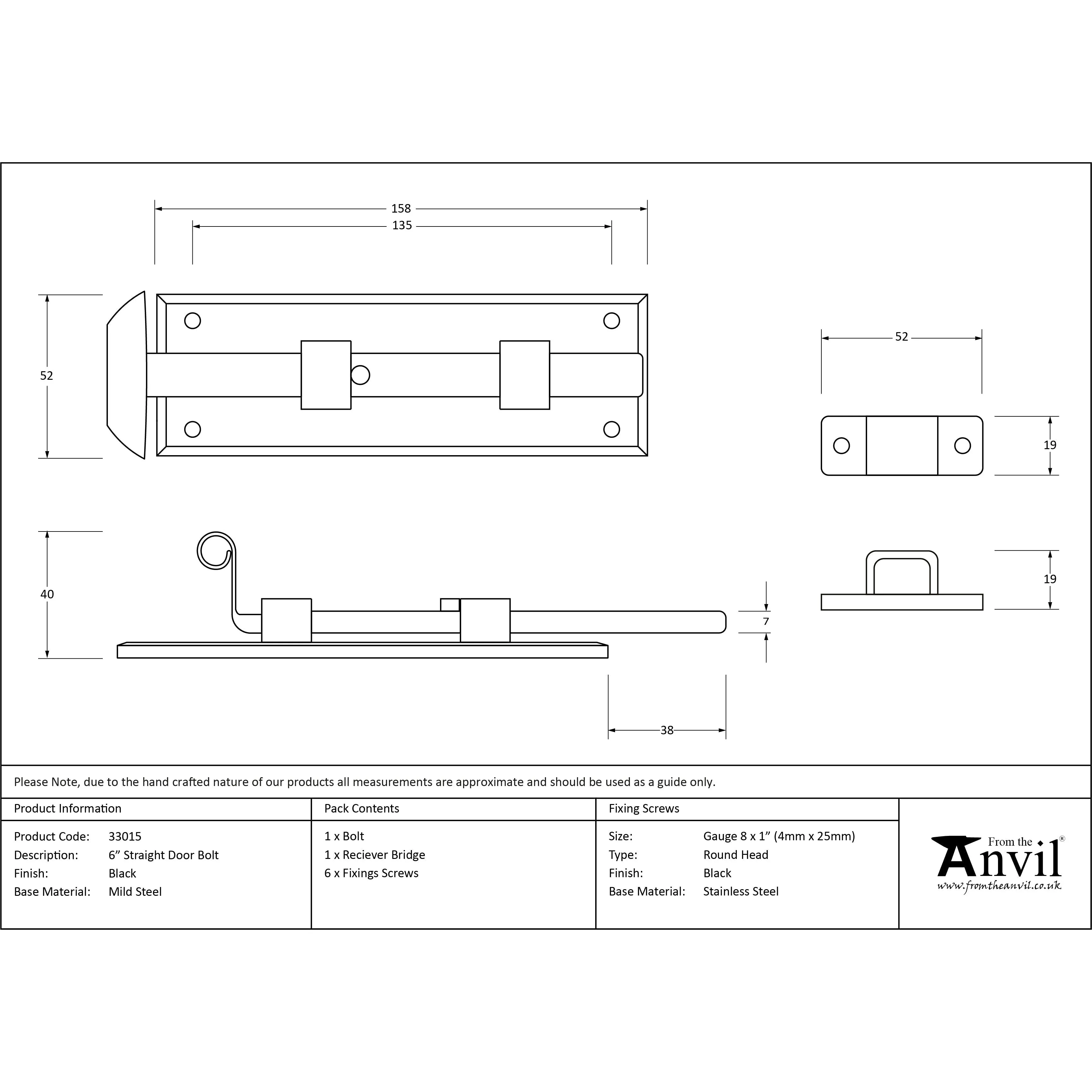 Black 6" Straight Door Bolt | From The Anvil