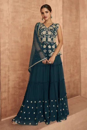 Blue Crop Top 3 Piece Georgette Indo-Western Palazzo Suit