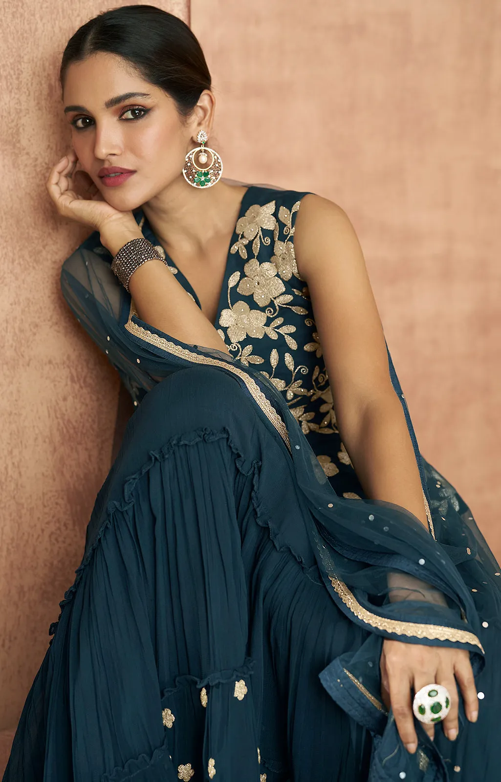 Blue Crop Top 3 Piece Georgette Indo-Western Palazzo Suit