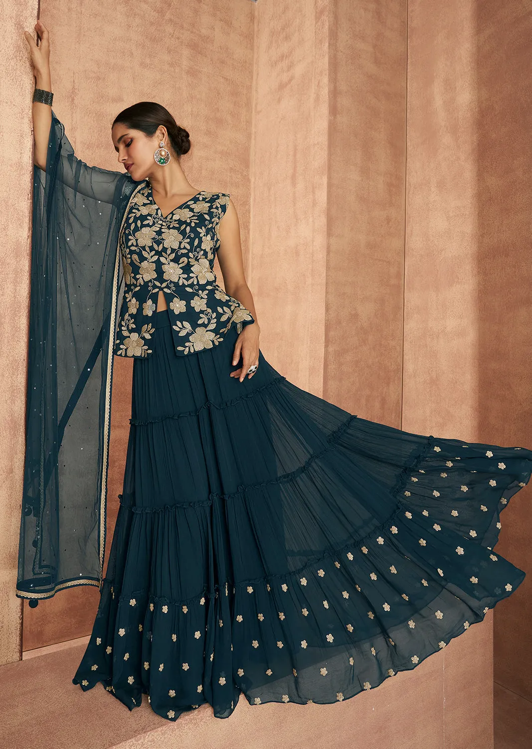 Blue Crop Top 3 Piece Georgette Indo-Western Palazzo Suit