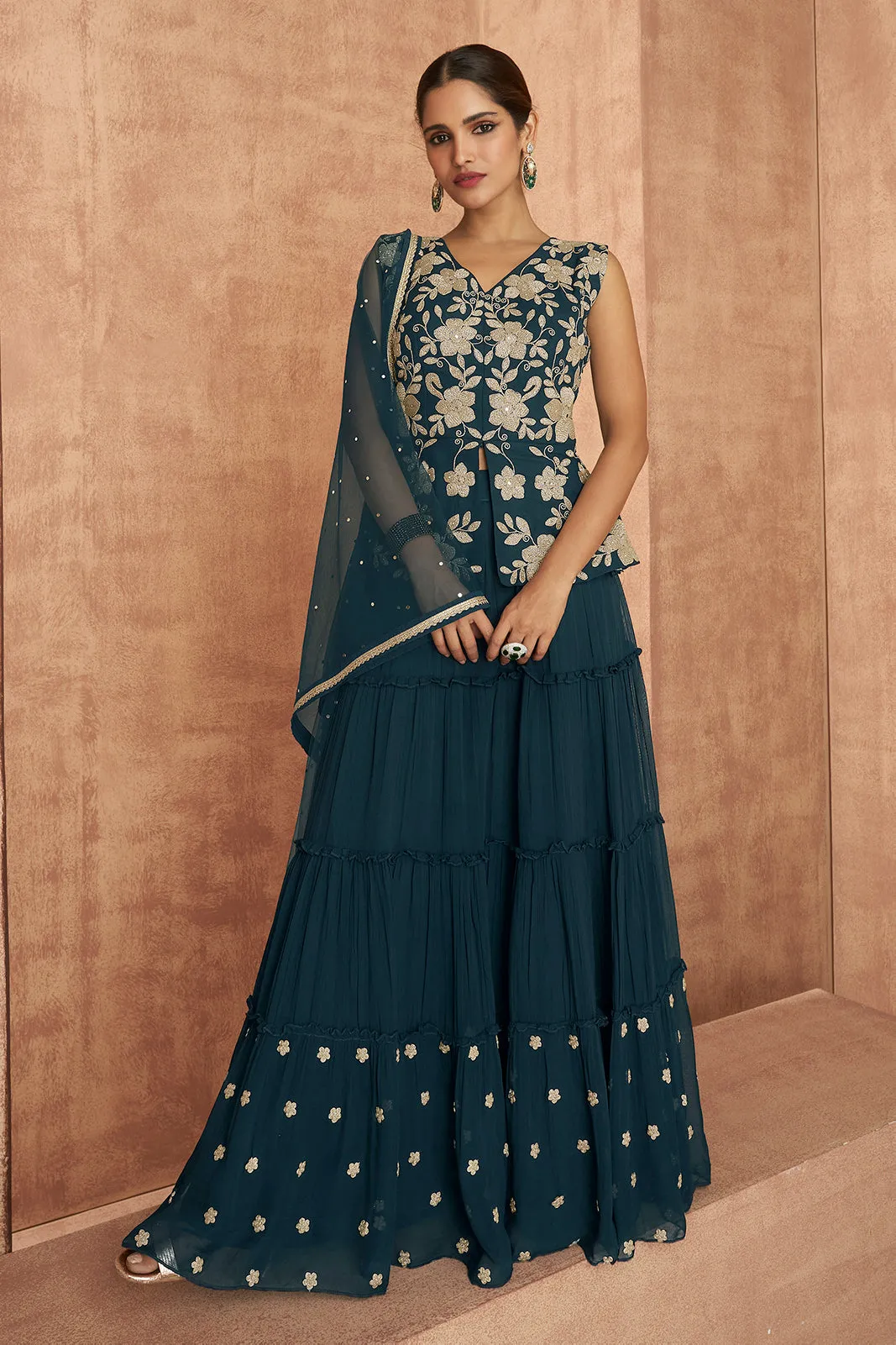 Blue Crop Top 3 Piece Georgette Indo-Western Palazzo Suit