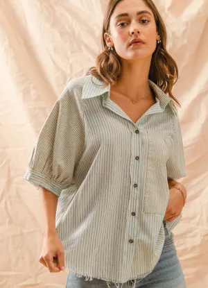 Button Up Pin Stripe Top in Denim Blue by So Me