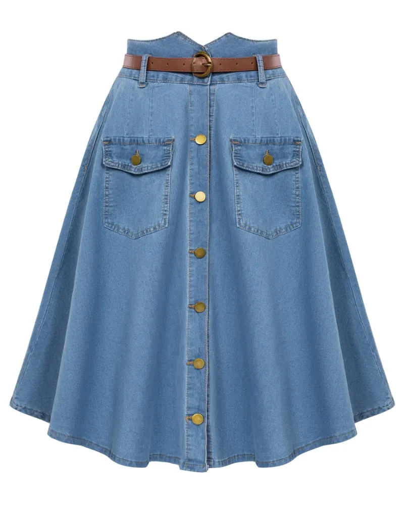 Button-up Skirt with Belt High Waist Flared A-Line Jean Skirt