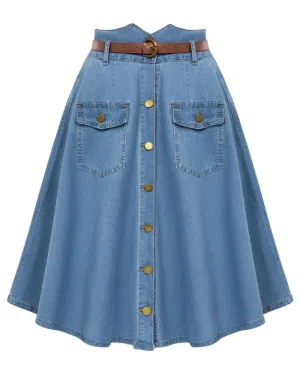 Button-up Skirt with Belt High Waist Flared A-Line Jean Skirt