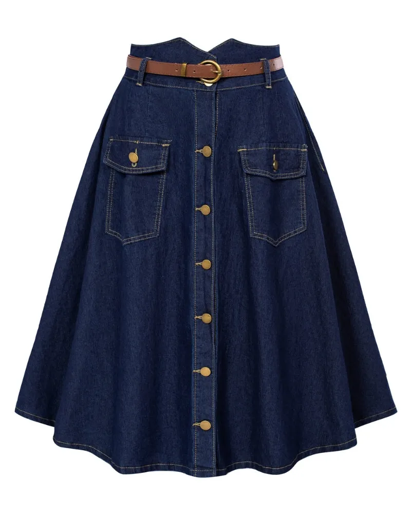 Button-up Skirt with Belt High Waist Flared A-Line Jean Skirt