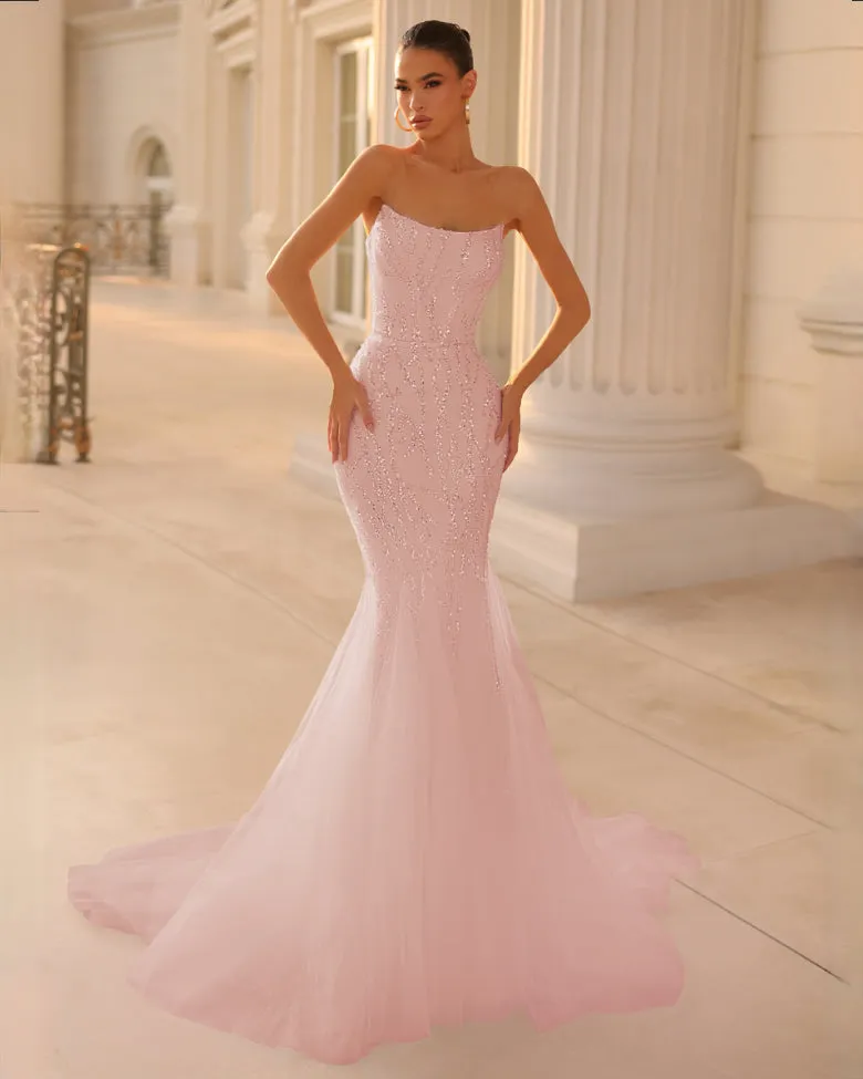 Celestia Strapless Beaded Gown - Blush