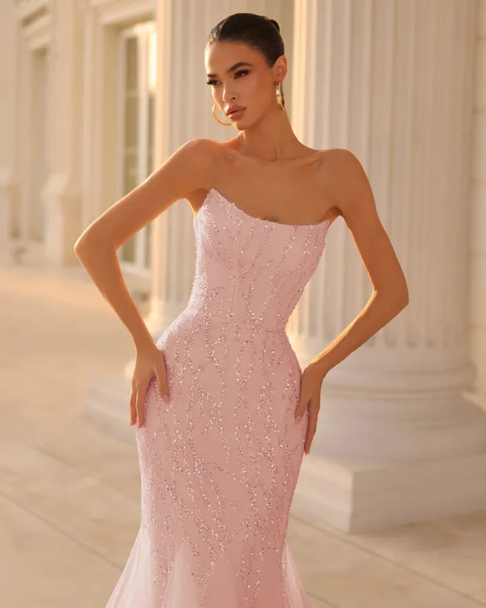 Celestia Strapless Beaded Gown - Blush