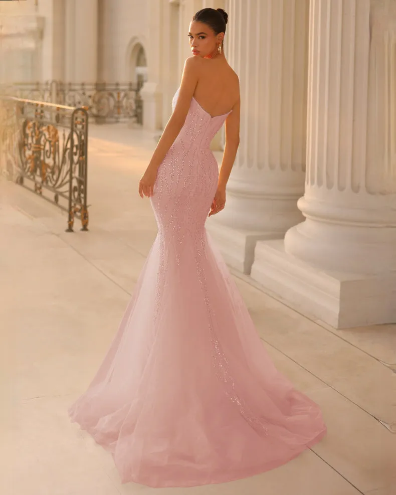 Celestia Strapless Beaded Gown - Blush