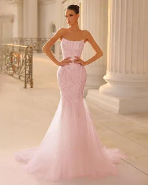 Celestia Strapless Beaded Gown - Blush