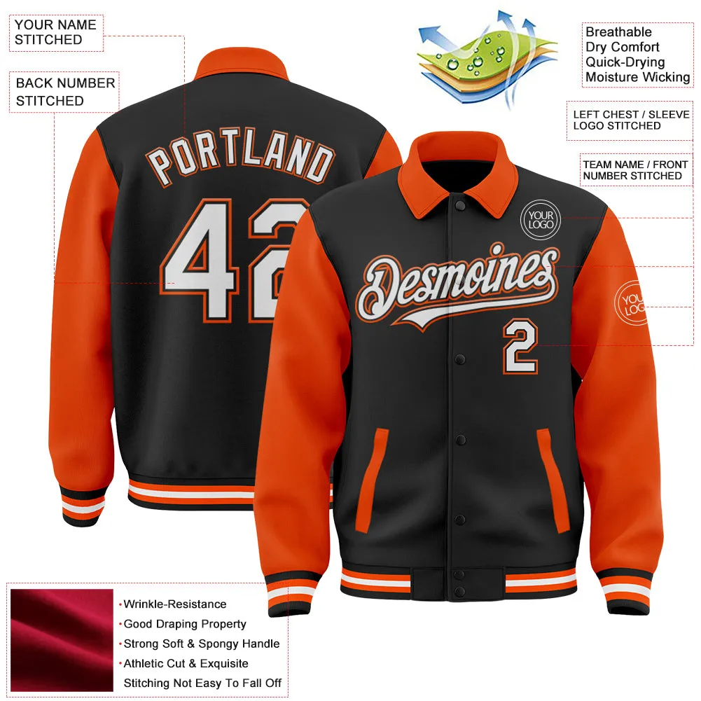 Custom Black White-Orange Bomber Full-Snap Varsity Letterman Two Tone Lapel Collar Byron Jacket