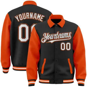 Custom Black White-Orange Bomber Full-Snap Varsity Letterman Two Tone Lapel Collar Byron Jacket