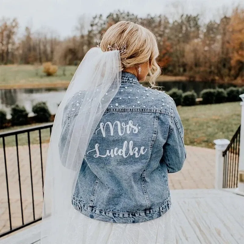 Custom Denim and Pearls Jacket for the Bride - Fashion Bridal Accessory