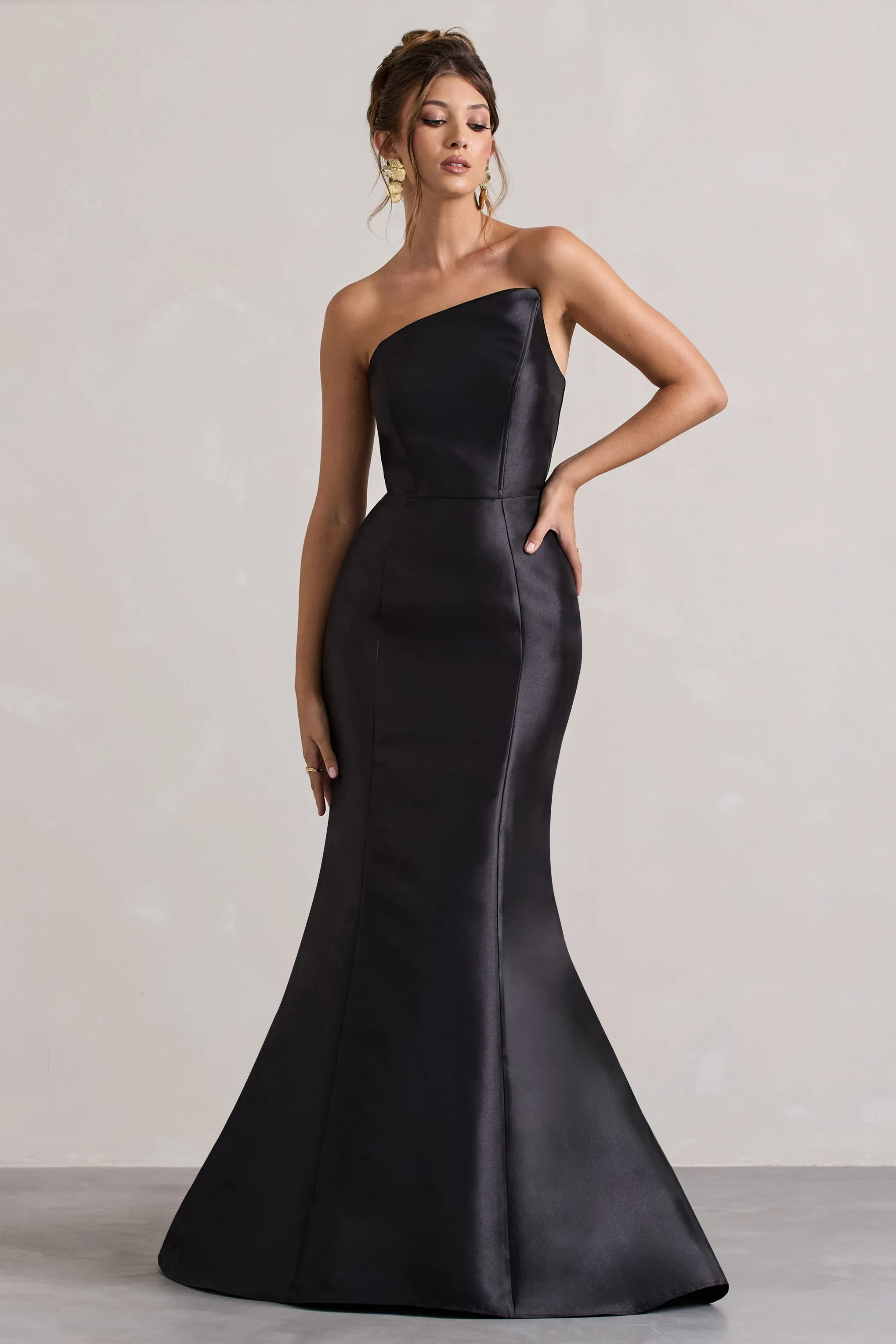 Define | Black Satin Asymmetric Fishtail Maxi Dress