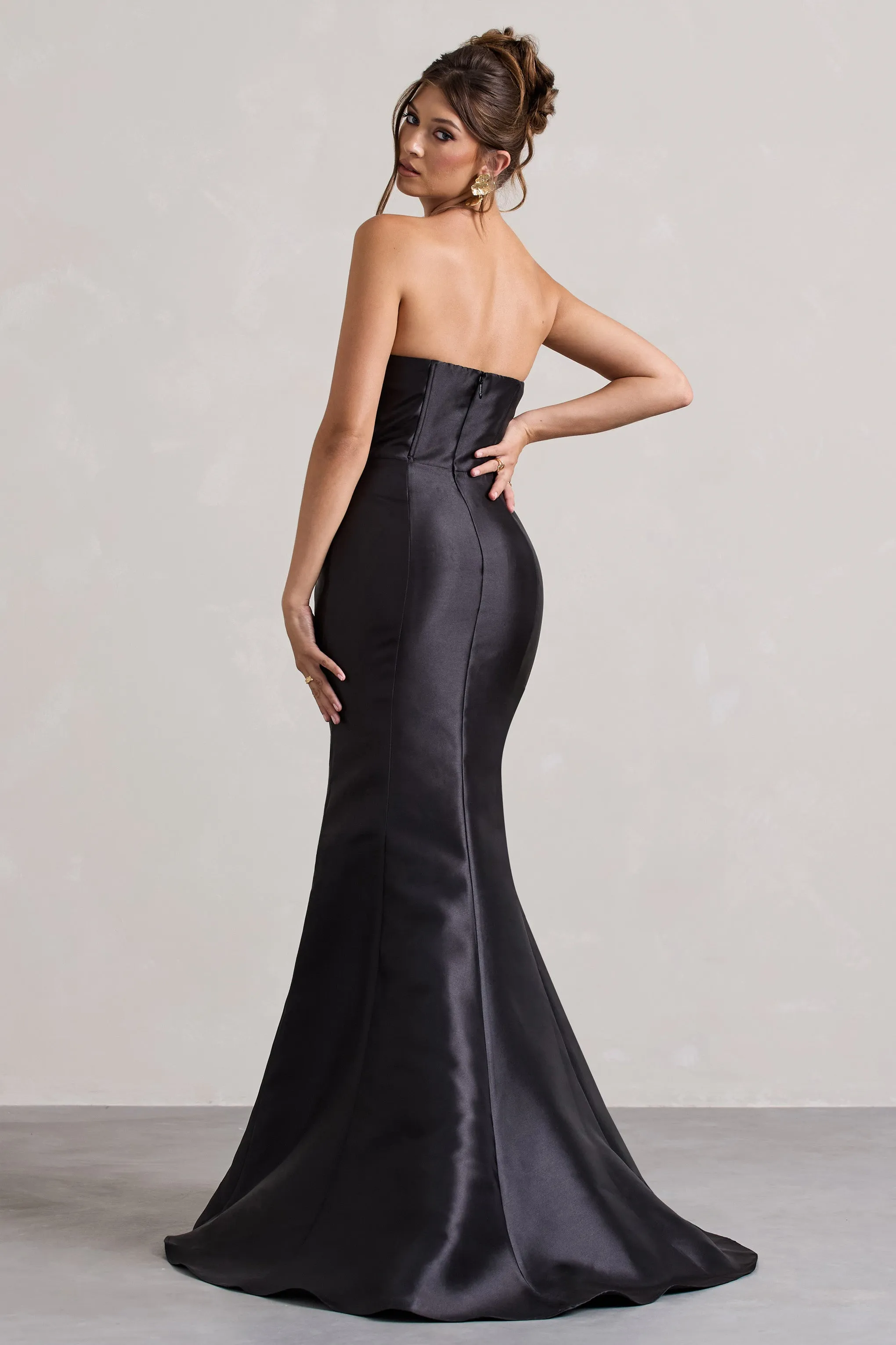 Define | Black Satin Asymmetric Fishtail Maxi Dress