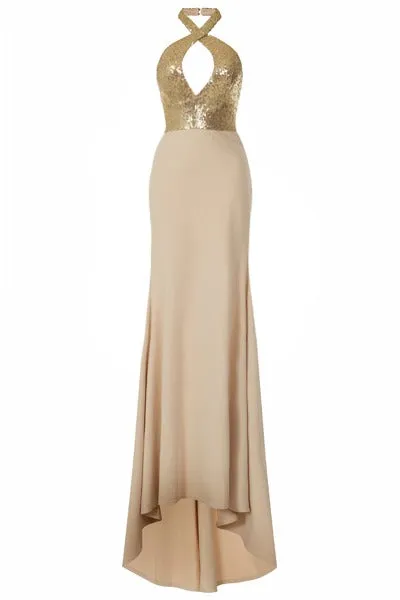 Desire Golden Sequin Keyhole Bust Nude Slinky Fishtail Maxi Dress