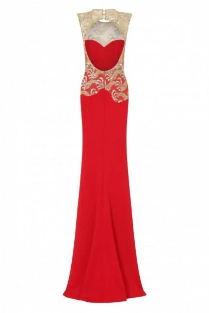 Divinity Sparkle Red Slinky Backless Fishtail Maxi Dress