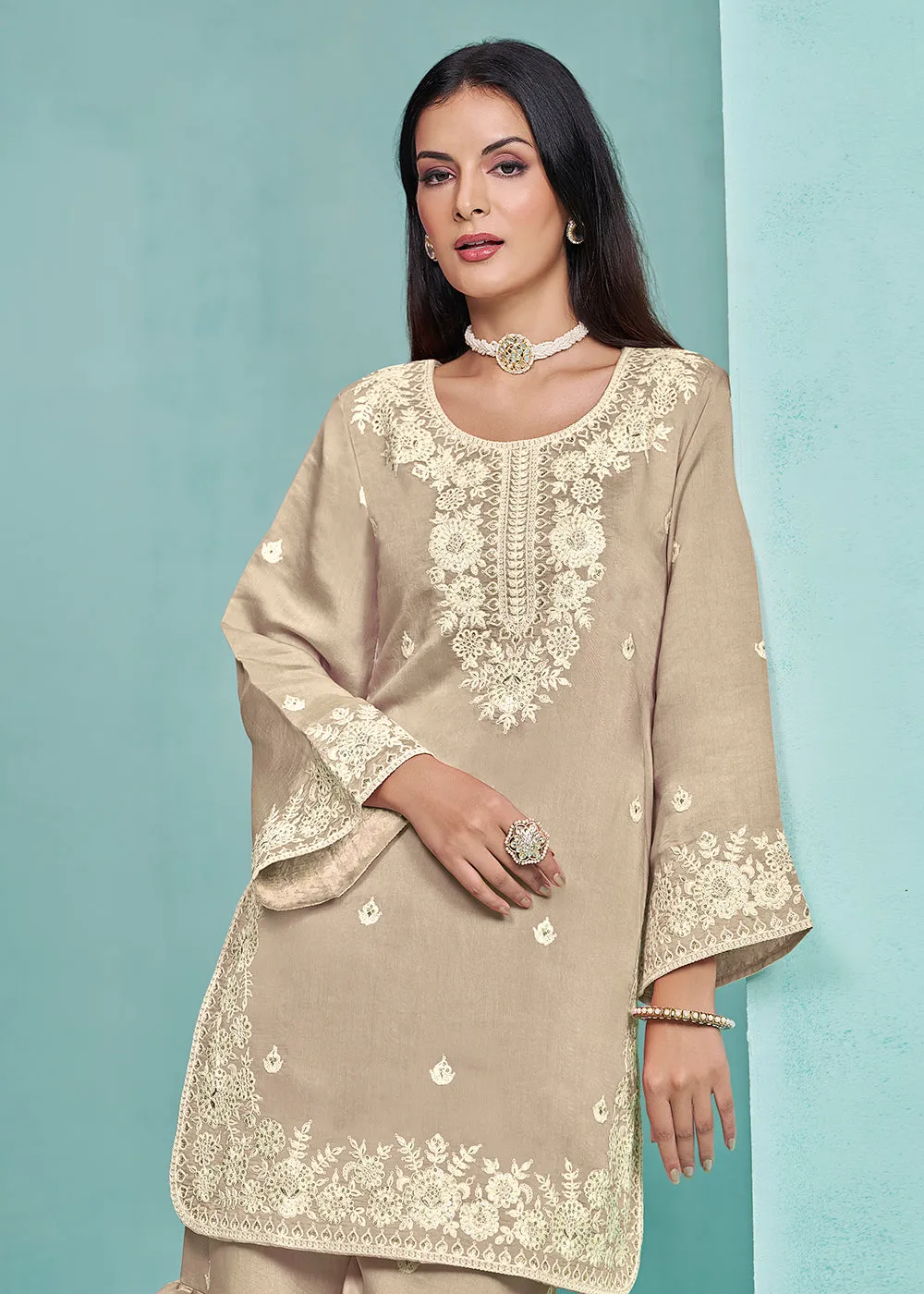 Elegant Beige Designer Style Silk Gharara Style Suit