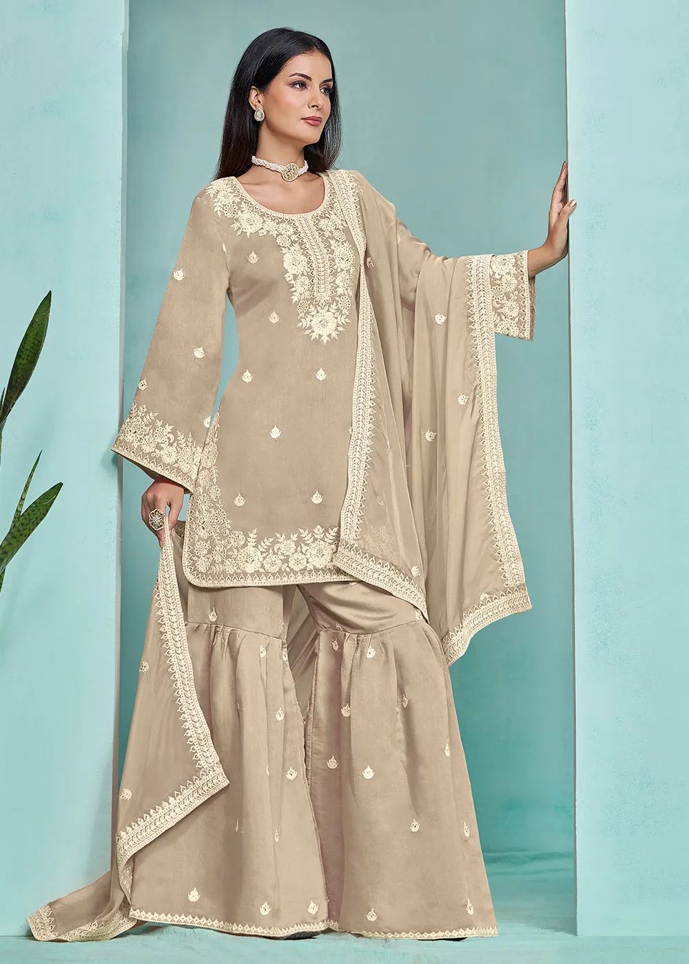 Elegant Beige Designer Style Silk Gharara Style Suit