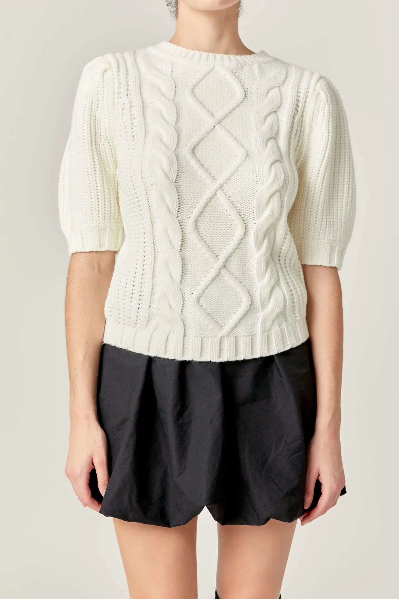 English Factory - Cable Knit Puff Sleeve Sweater