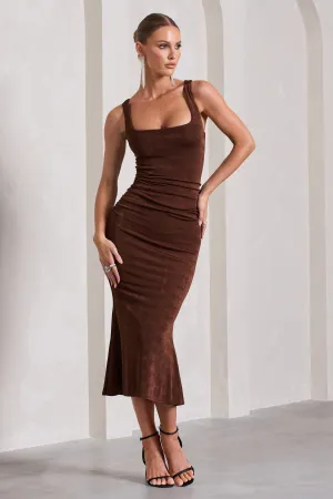 Evora | Chocolate Ruched Square-Neck Fishtail Midi Dress