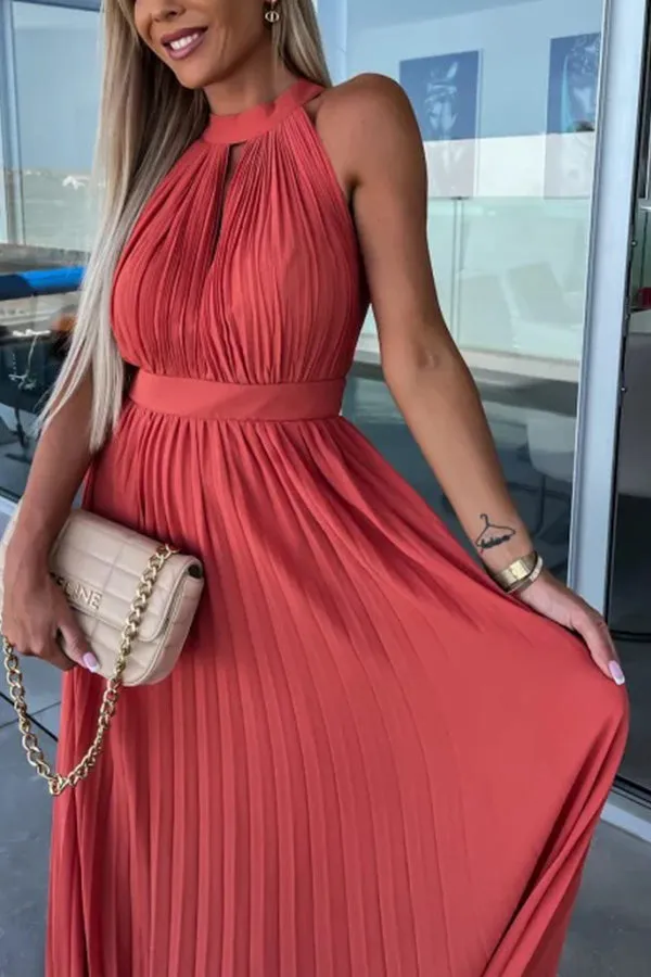 Halter Neck Pleated Swing Dress