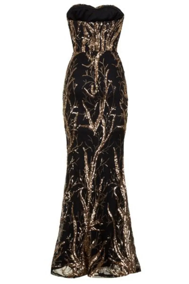 Harmony Luxe Tree Black Gold Sequin Leaf Mermaid Fishtail Dress