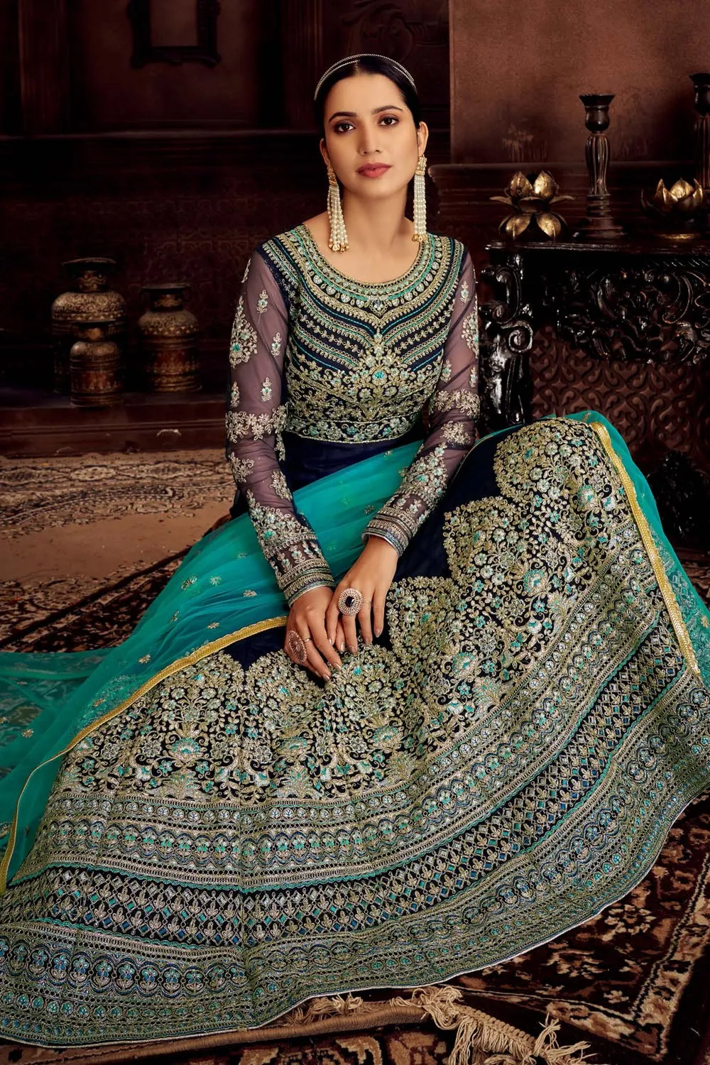 Heavy Embroidered Navy Blue Net Bridal Anarkali Suit