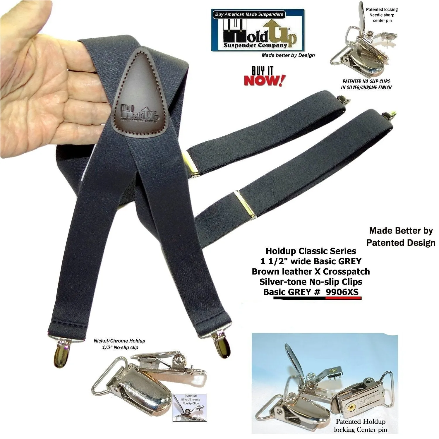 HoldUp Brand Classic Series Grey X-back Suspenders with USA Patented Silver No-slip Clips