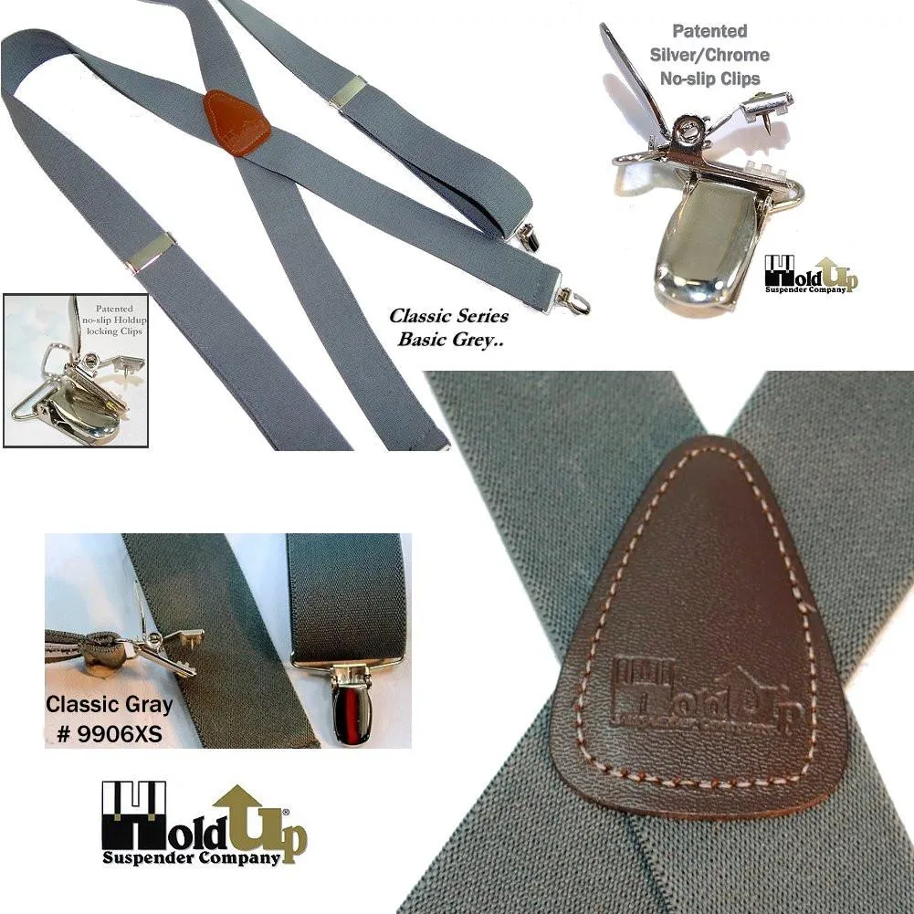 HoldUp Brand Classic Series Grey X-back Suspenders with USA Patented Silver No-slip Clips