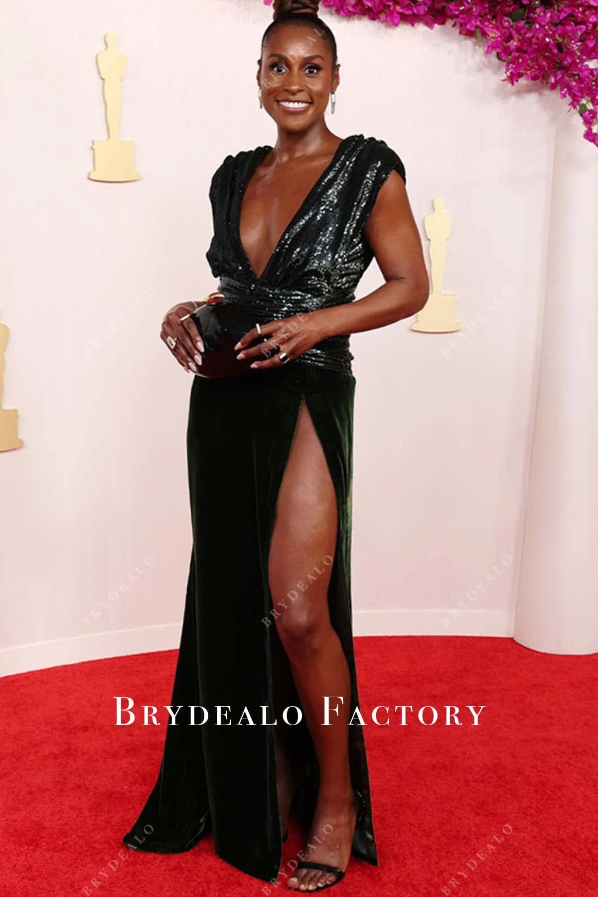 Issa Rae 2024 Oscars Dark Green Sequin Velvet Celebs Dress