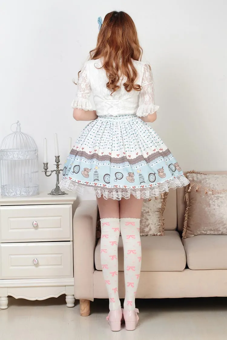 Japanese Cute Pleated Short Lolita Skirt Sweet Princess Tea Party Printed Pleated Skirt with Lace Trimming